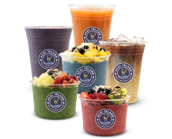 Colorful acai bowls and smoothies